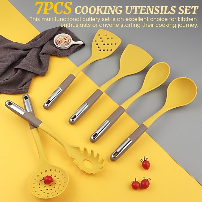 Cooking Utensils Set for Kitchen,7PCS Silicone Utensil Set with Rotating Storage Stand, Non Stick Utensil Tool and Gadget Set with Ergonomic Handles, Heat Resistant Kitchen Essentials (Yellow)