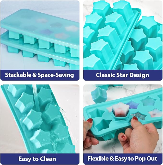 Webake Star Ice Cube Tray with Lid, 2 Packs Silicone Star Ice Molds for Freezer, Reusable Ice Cube Trays for Cocktails, Whiskey & Chilled Drinks