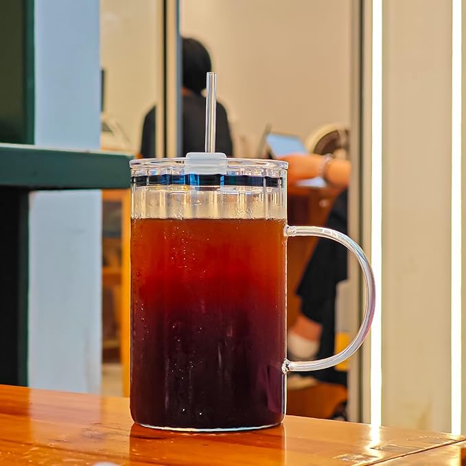 20oz Glass Tumblers with Lids and Straws - Stylish Vintage Ribbed Design for Iced Coffee, Juice, Smoothies, Milkshakes, Cold Beverages & Whiskey Cocktail Beer (Thick Inner Ridge)