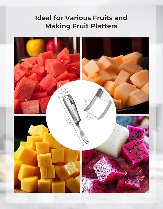 CripsTaste Watermelon Cutter with Retractable Fork, 2-in-1 Stainless Steel Fruit Cutter Watermelon Cutter Slicer Tool, Melon Slicer Cutter Tool for Home Party Camping Kitchen Gadget