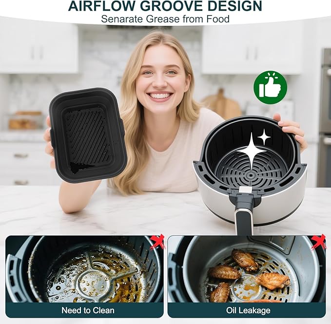 Silicone Air Fryer Liners Collapsible, 8.2 Inch Reusable Air Fryer Liners With lid-Long-lasting Freshness - Easy to Clean Air Fryers Pot for 5.8 to 8 Qt Baking Tray Oven Accessories, Black