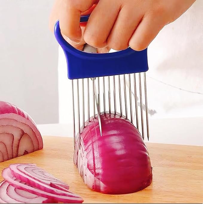 YVPSI 4pcs Onion Holder Slicer with Cover Stainless Steel Onion Cutter Vegetable Chopper Tomato Potato Slicer Cutter Food Slicer Assistant Tool for Tomato Lemon Avocados Vegetables Fruit and Meat