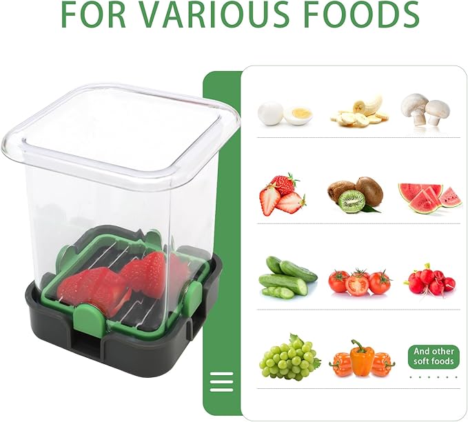 Strawberry Slicer - Fruit Slicer with Container - Pro Soft Food Chopper - Detachable Fruit Cutter Chopper with Push Plate - 2 Blades - Green