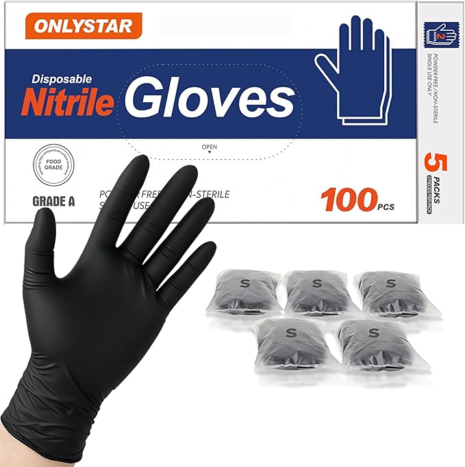5 Mil Black Nitrile Gloves Disposable, Small 100Pcs + 5 Bonus Travel Packs, Food Service, Non latex, Powder Free, Textured Grip for Cleaning, Cooking Food Prep, Kitchen, Nail Tech, Pet Care