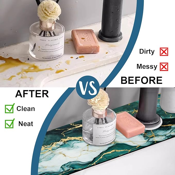 Green Marble Sink Splash Guard Faucet Mat Liquid Gold Marble Super Absorbent Fast Drying Mat Sink Gadgets-Splash Guard Behind Faucet Drip Catcher for Kitchen Bathroom, 23.5"x5.5"
