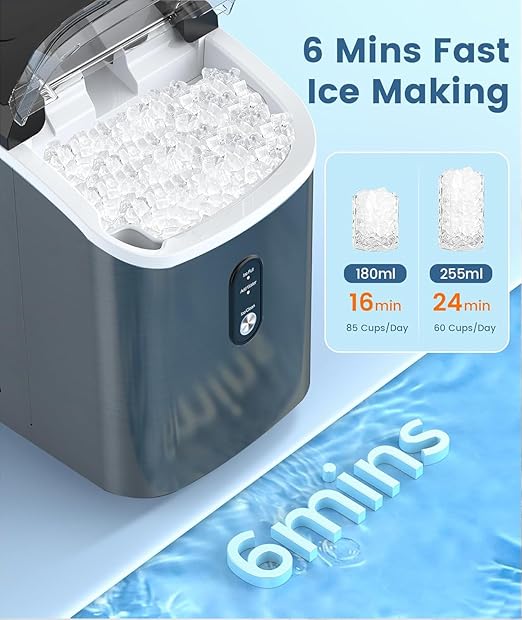 Antarctic Star Nugget Ice Maker Countertop,34Lbs/24H, One-Click Operation, Self-Cleaning, Ice Scoop&Ice Basket, Stainless Steel Pebble Ice Machine for Kitchen/Office/Bar (Steel Black)