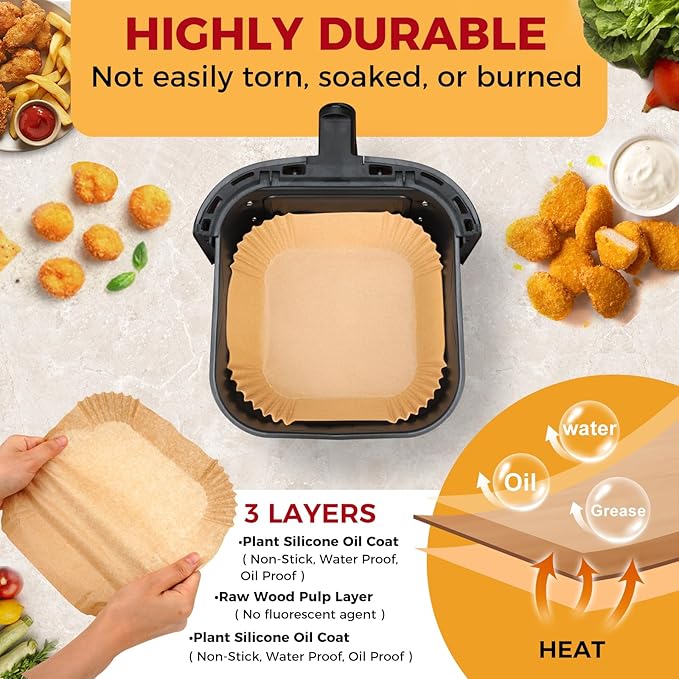 Air Fryer Liners Disposable - 150Pcs 8In Square Parchment Paper for Air Fryer Non-Stick Airfryer Basket Liners for Steamer Microwave Oven