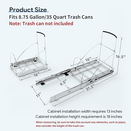 Tanamu Pull Out Trash Can Under Cabinet，Under Sink Slide Out Garbage for Kitchen，Requires 13" W X 18" D Minimum Cabinets，Not Included Can，Chrome Adjustable for 7-10 Gal Can