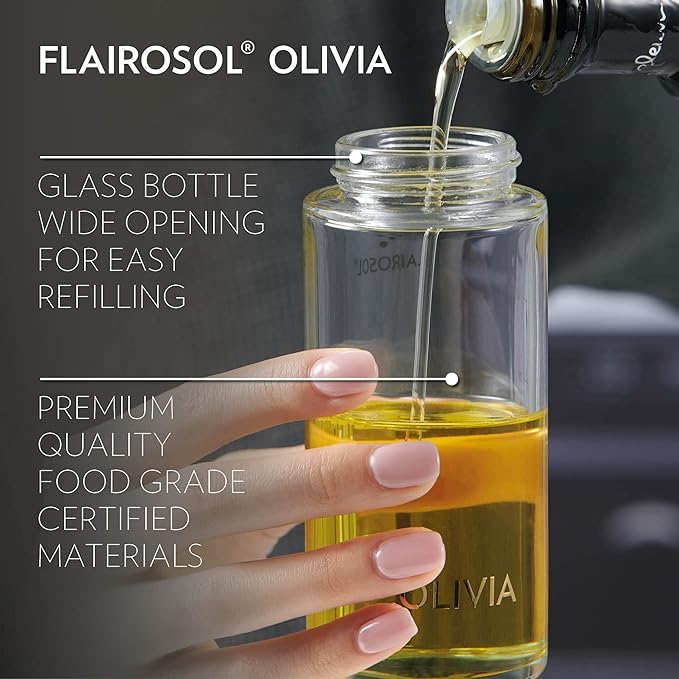 FLAIROSOL OLIVIA. The Original Advanced Oil Sprayer for Cooking, Salads, BBQs and More, Continuous Spray with Portion Control, Trusted by Chefs. Patented Technology. (Glass Bottle) (White Print)