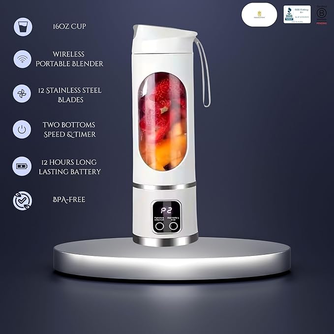 Paramexview® Portable Blender 16oz/500ml for Juices & Smoothies with 12 Stainless Steel Blades | USB Rechargable & 3 Levels Multi-Speed Control | 50W Powered fusion Portable Blender