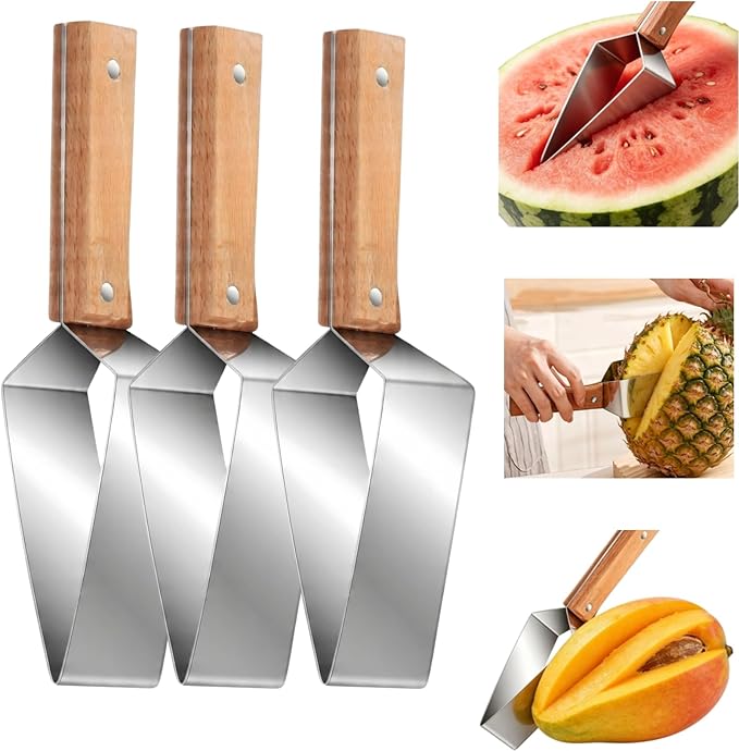Triangle Watermelon Cutter, Wooden Handle & Stainless Steel Melon Slicer, Fruit Cutter Slicer for Home Kitchen Camping Picnic (3 Pcs)
