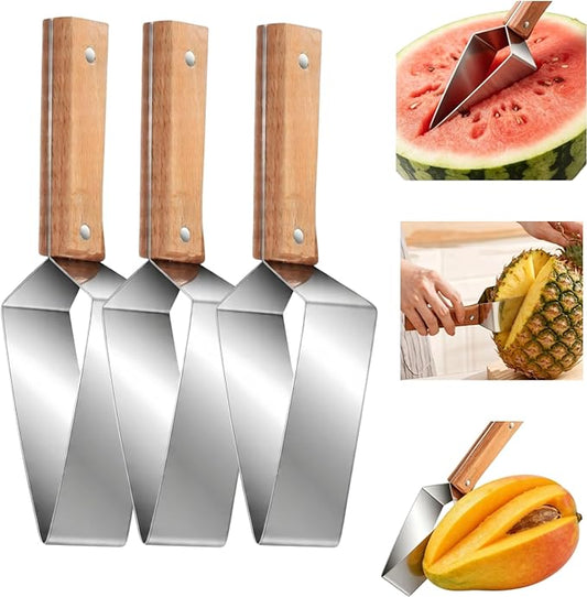 Triangle Watermelon Cutter, Wooden Handle & Stainless Steel Melon Slicer, Fruit Cutter Slicer for Home Kitchen Camping Picnic (3 Pcs)