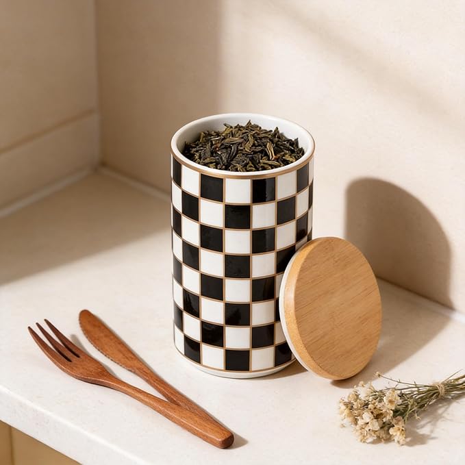 Kitchen Countertop Ceramic Checkered Canisters,Black And White Food Storage Containers With Lid,Airtight Kitchen Canisters for Flour, Sugar, Coffee, Tea, and Dry Goods (Black, Large)