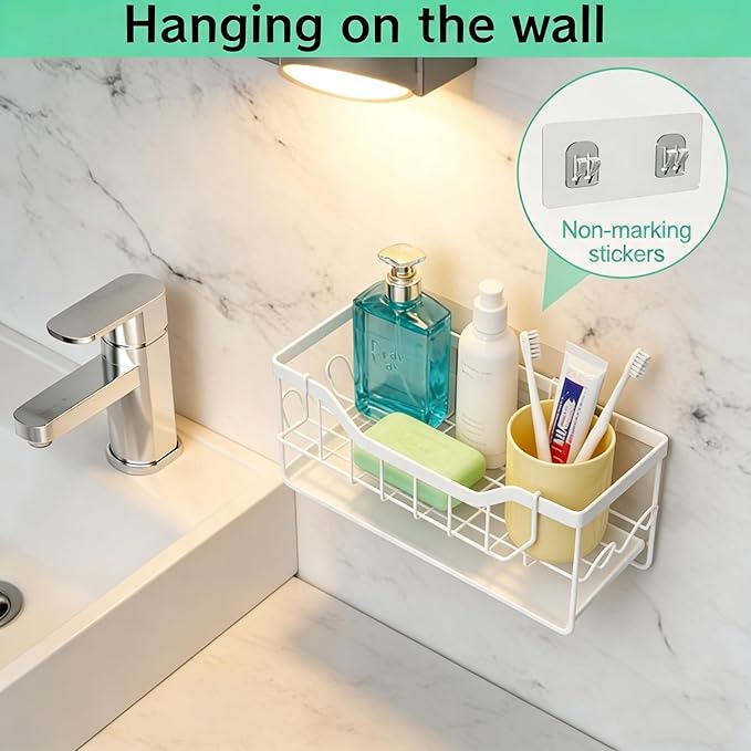 Sponge Holder for Kitchen Sink - Sink Caddy Organizer with Auto Drain Tray, Detachable Towel Rack, Stainless Steel Kitchen Counter Organizer Rack (White)