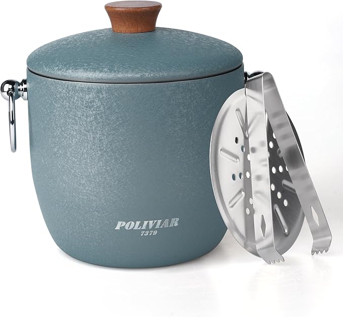 POLIVIAR Ice Bucket, 2.5L Double Wall Ice Bucket with Lid, Stainless Steel Ice Bucket with Tong & Strainer, Ice Bucket for Cocktail Bar, Home & Parties, JX2023-IBLU