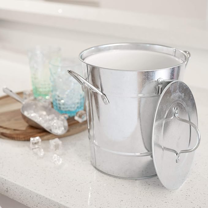 Twine Insulated Ice Bucket With Lid & Scooper for Parties - Galvanized Metal Bucket Cooler & Drink Tub Holds 1 Gallon