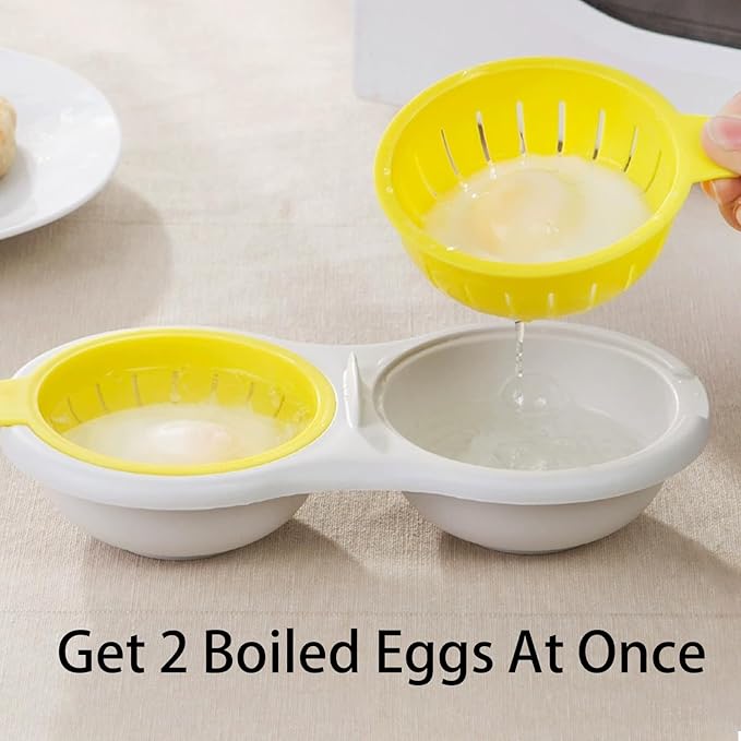 2 Cavity Microwave Egg Poacher, Microwavable Poached Egg Cooker with Lid & Handle Double Layer Microwave Egg Poacher Boiled Eggs Maker Poached Egg Cup for Breakfast with Oil Brush, Yellow