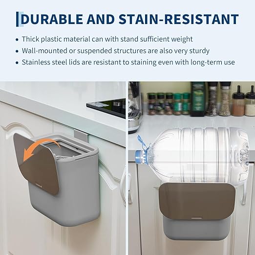 1.8 Gallon/7L Hanging Trash Can with Stainless Steel Lid, Mountable Compost Bin for Kitchen Cabinet Door, Under Sink Food Waste Container for RV, Bathroom, Office