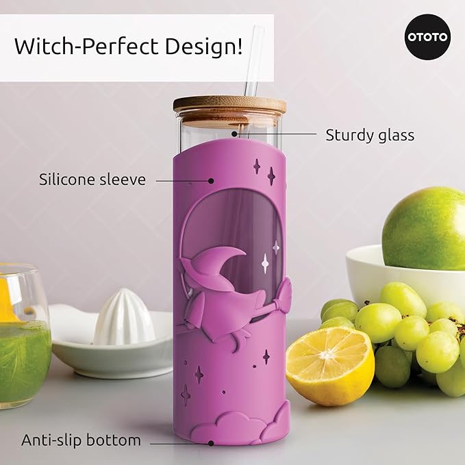 OTOTO Wicked Brew Glass Cups with Lids and Straws - Halloween, Goth Gifts, Spooky Gifts, Goth Accessories, Kitchen Gadgets, Iced Coffee Cups Tumbler with Bamboo Lids, Boba Cup, 16.9oz
