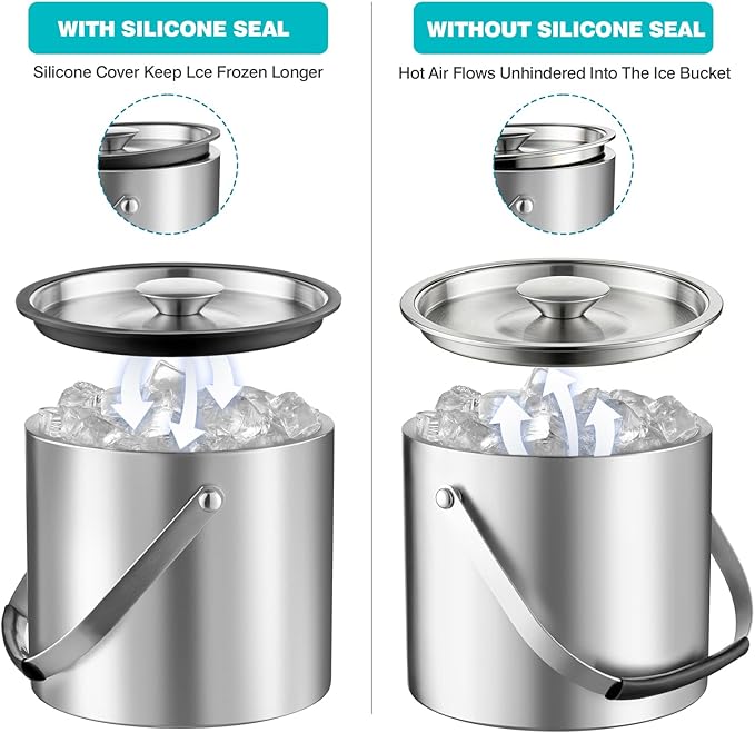 FrutPunch 4L Ice Bucket with Lid, Scoop, Tongs and Strainer, Double Wall Stainless Steel Ice Buckets for Parties, Cocktail Bar, Chilling Wine, Champagne, Large Outdoor Champagne Ice Container