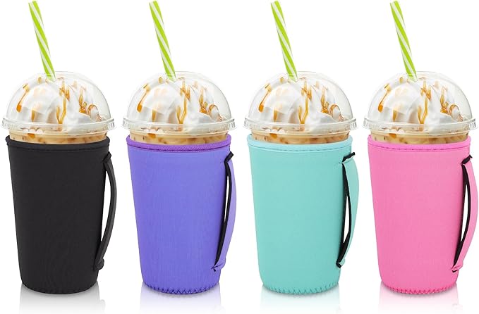 4Pack Reusable Iced Coffee Sleeve Insulator Sleeves for Cold Drinks Beverages, Neoprene Cup Holder for Most Coffee, Fits 22-24oz Medium Cups (Solid Color with Handle)
