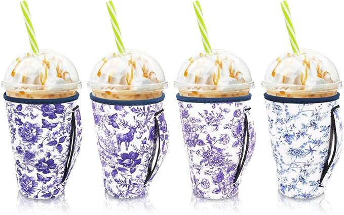 4Pack Reusable Iced Coffee Sleeve Insulator Sleeves for Cold Drinks Beverages, Neoprene Cup Holder for Most Coffee, Fits 30-32oz Large Cups (Floral Like China)