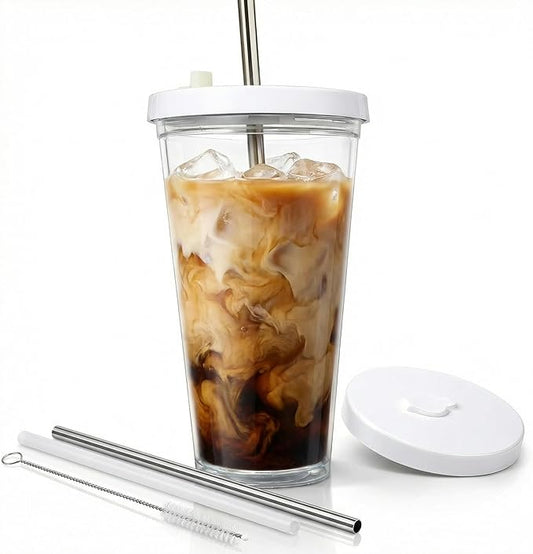 Kensal Home Reusable Iced Coffee Cup (24 Oz/Venti), Leak Proof and Double Wall Insulated Iced Coffee Tumbler, Come with Reusable Plastic and Metal Straws and Straw Cleaner - White