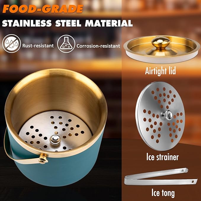 Ice Bucket, 3L Double-Wall Stainless Steel Insulated Ice Bucket With Lid and Ice-Tong, Ice-Buckets for Parties Home Bar, Chilling Beer, Champagne, Wine Bottle(Dark Green)
