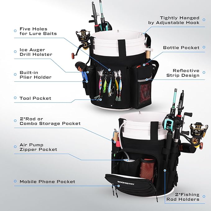 Boomistry Fishing Bucket Organizer for 5 Gallon Bucket Accessories, Fishing Tackle Bag with Adjustable Buckle, Fishing Rod Bag with 15 Multi-Pockets for Fishing Gear and Equipment (Black)