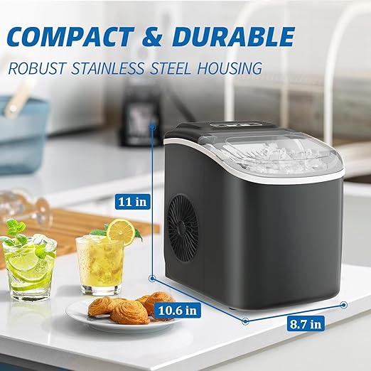 26LBS Per Day Portable Countertop Ice Maker, Self-Cleaning 2 Sizes of Bullet Ice Machine with Scoop and Basket, 9 Cubes in 6 min,Ideal for Home/Kitchen/Bar/Camping (Home, 26.5LBS/Day)