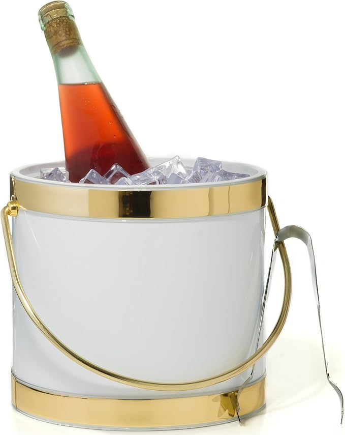 Made In USA Metallic Deco Collection Double Walled Insulated Ice Bucket With Ice Tongs (3-Quart, White & Gold)