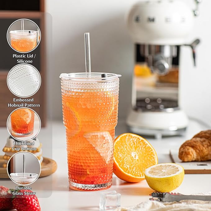 INSETLAN 20oz Hobnail Glass Cups with Lids and Glass Straws – 4 Pieces, Thick-Walled Glass Tumblers for Iced Coffee, Smoothies, Milk, Water, Juice, and More – Elegant and Durable Drinking Glasses