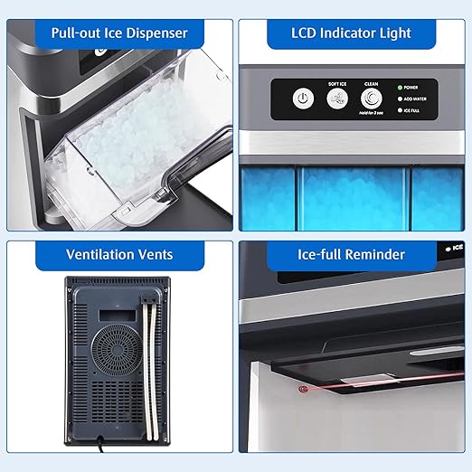Nugget Ice Maker Countertop for Chewable Ice, 41lbs/24H Portable Pellet Ice Machine with One-Click Operation Self-Cleaning for Home, Kitchen, Bar, Office, Party (Silver)