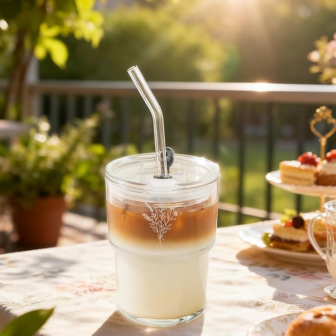 Olvini 13oz Glass Tumbler with Straw and Lid, Reusable Iced Coffee Cup Tumbler, Cute Glass Cups for Water, Matcha, Travel Coffee Mugs (Wildflower- 13oz)