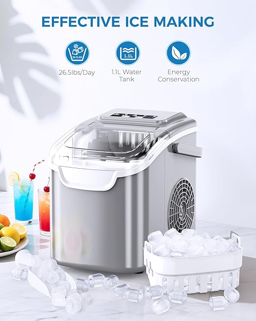 Electactic Ice Maker Countertop 26.5Lbs/24H 8 Bullet ICES in 6 Mins – Self Cleaning Portable Ice Maker for Home Use, Office & Party, with Ice Basket and Scoop