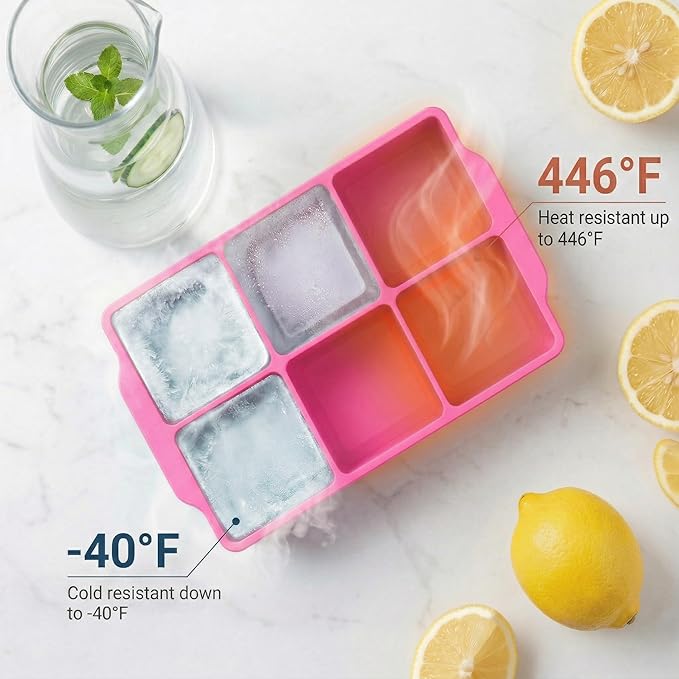 KitchFort Large Silicone Ice Cube Tray (2-Pack), Easy Release 2" Big Ice Cubes - Cocktail, Whiskey Ice Cubes Mold - Ice Trays for Freezer with Lid - Stackable Silicone Ice Tray - Pink