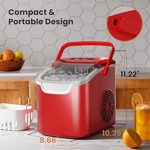 Crzoe Ice Makers Countertop with Handle, 2 Sizes of Ice, 8 Bullet Ice Cubes in 6 Mins, 26Lbs/24H, Portable Ice Maker with Self-Cleaning, Ice Machine for Home&Kitchen&Office&Party (Red)