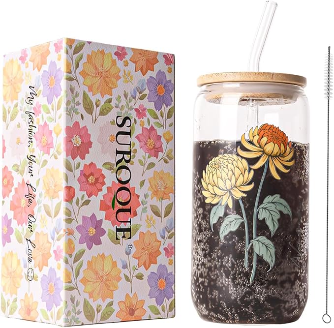 SUROQUE Birth Month Flower Iced Coffee Glass Cup 16oz Custom Tumbler Birthday Gifts Personalized Gifts for Women, Teachers, Bridesmaids, Birthdays, Mom, Valentines