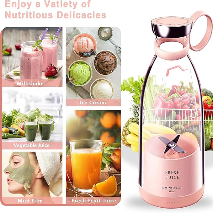 Portable Juicer Blender, 350ml Rechargeable Electric Blender for Fresh Juice, Fruit & Milkshakes, BPA-Free, Easy Clean, Compact Travel Cup for Gym, Office, Home（Pink）