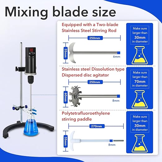 Electric Overhead Stirrer Max.40L 160W 100-2000RPM 10000mPa.s LCD Digital Lab Mixer Time and Speed Adjustable Equipped with Three Different Types of Mixing rods for Various uses