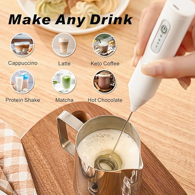 Rechargeable Milk Frother Handheld, USB-C Coffee Foam Maker with Stainless Steel Whisk ＆ 3 Speeds, Coffee Frother Electric Hand Drink Mixer Stirrer for Matcha, Hot Chocolate,Frappe, Mom's Gift (White)
