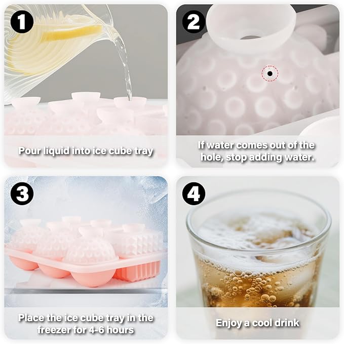 Acomler Ice Cube Molds Tray, 3 Big Crystal Square Cubes & 3 Round Sphere Golf Ice Ball Makers, Large Silicone Whiskey Ice Mold, Fun Shape Ice Trays with Funnel for Whiskey, Cocktails, Bourbon (Pink)