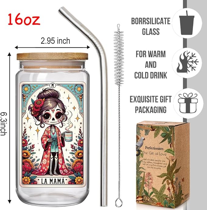 Mexico Mama 16oz Glass Cup with Lid and Straw Gifts for Mom Women, Cute Aesthetic Iced Coffee Cup Smoothie Tumbler Gift for Mothers Day New Mom to be Birthday Presents for Women