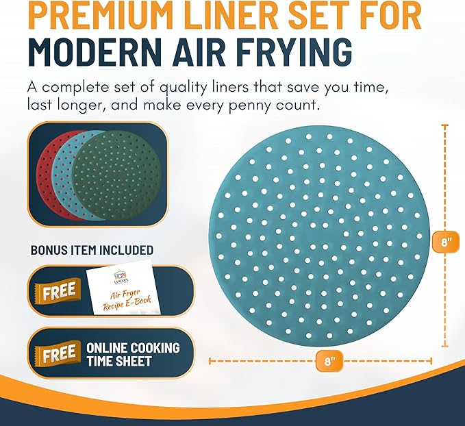 Reusable Round Silicone Air Fryer Liners (8 Inch, 3 Pack) by Linda’s Essentials - Non-Stick, Easy-Clean Accessories with Cheat Sheet & Recipe Book, Perfect for Quick Meals