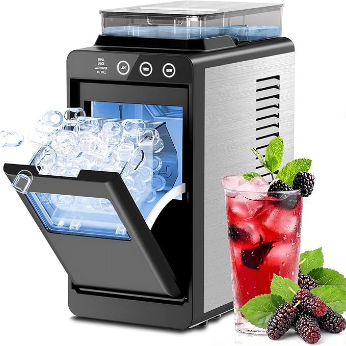 Kismile Countertop Ice Maker with 1.2L Top Water Tank, 8 Bullet Cubes in 6 Mins, 26.5lbs in 24Hrs, 2 Ice Sizes, Self-Cleaning Portable Ice Maker with Basket and Scoop, for Home/Camping/RV, Dark Black