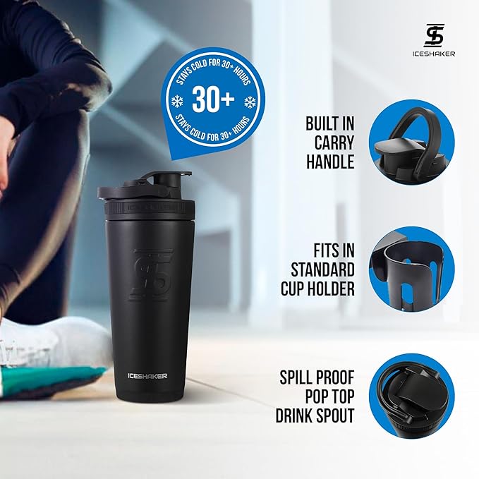 Ice Shaker Insulated Stainless Steel Shaker Bottle | 26oz, Black | Cold for 30+ Hours | Insulated Cup with Twist-on Agitator | Odor-Free Bottle for Protein Shakes, Water, Smoothies, Cocktails