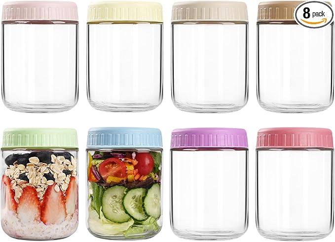 SHOWIN Overnight Oats Containers with Lids, 16oz Glass Jars with Lids 8 pcs, Wide Mouth Mason jars for Salad, Yogurt, Snacks, Meal Prep