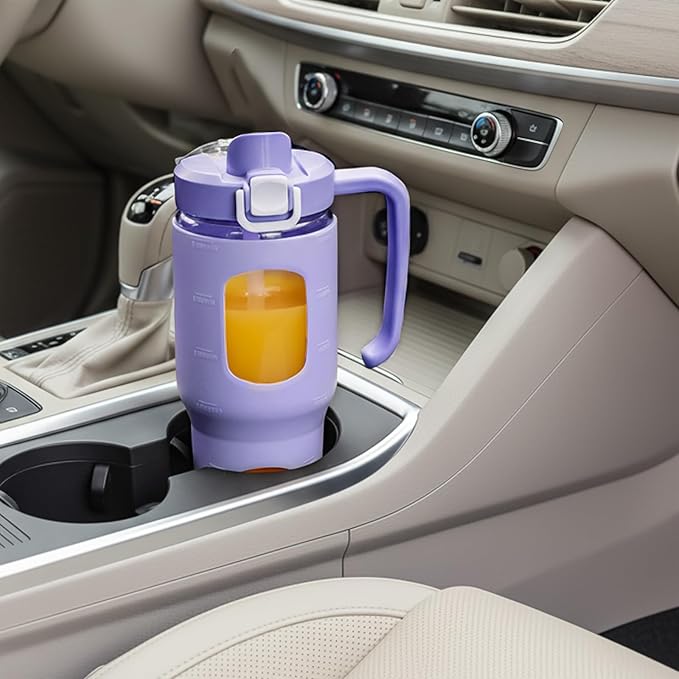 32oz Glass Tumbler with Straw Handle and 2-IN-1 Sip & Spout Lid, Reusable Iced Coffee Cup for Smoothie, Matcha, Leakproof Glass Water Bottle with Straw and Silicone Sleeve, BPA Free-Purple