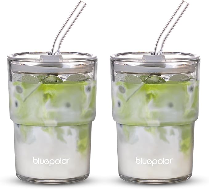 BLUEPOLAR 13oz/400ml Glass Water Tumbler with Straw and Lid Sealed Carry On Thick Wall Iced Coffee Cup Glass Cup for Water, Iced Tea Fruit Juice Etc (White-2Pack)