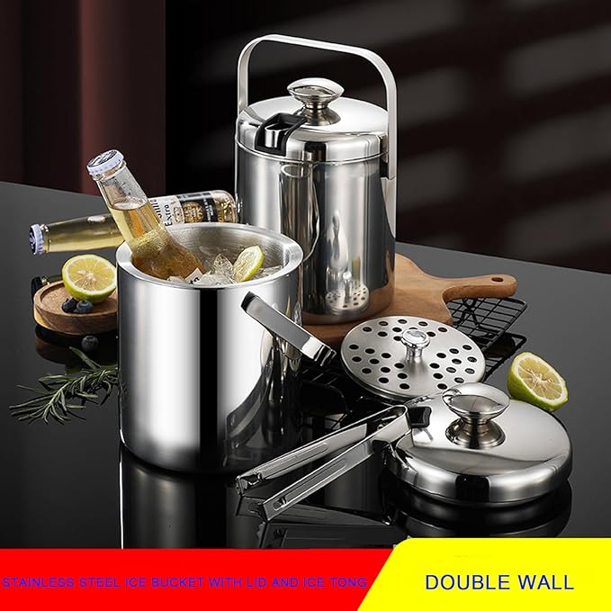 Ice Bucket with Lid for Parties - 3L Ice Bucket Double Wall Ice Bucket for Cocktail Bar Parties KTV,Stianless Steel Ice Bucket with Lid to Keep Ice Frozen Longer to Cool Chilling Wine Champagne